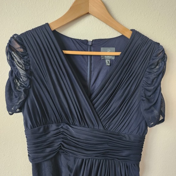 Adrianna Papell Navy Ruched Mesh V-Neck Draped Maxi Formal Evening Gown Dress 10 - Picture 3 of 9